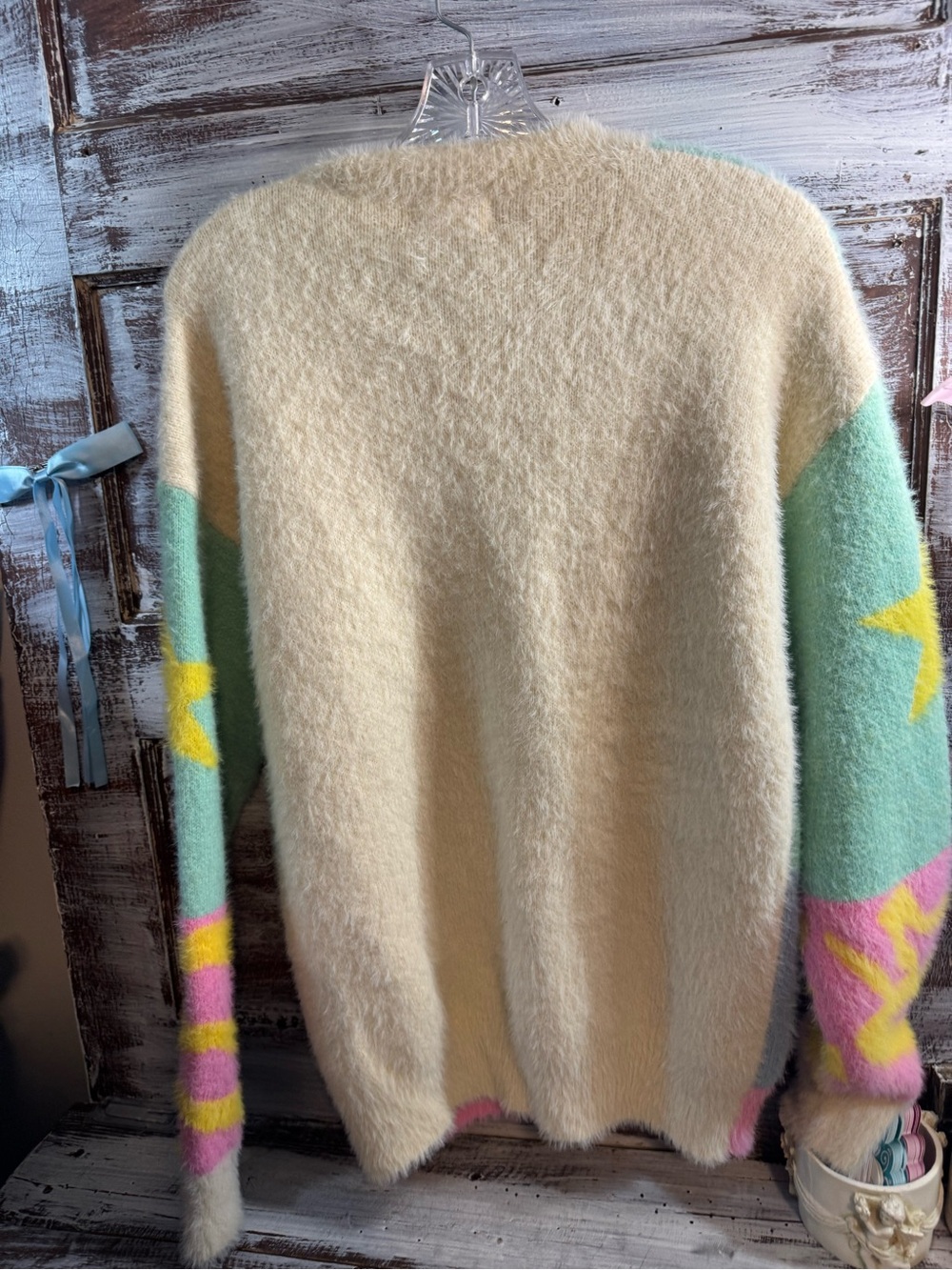 &merci Pastel Star Mohair-Blend Crewneck Sweater in Mint, Pink & Yellow - Picture 5 of 6